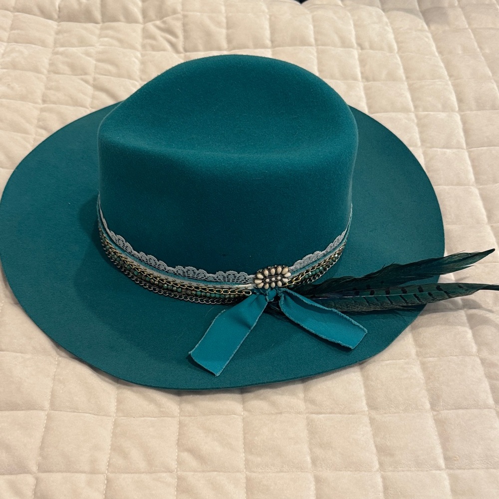 Olive & pique custom Hat with Feather and jewelry accents